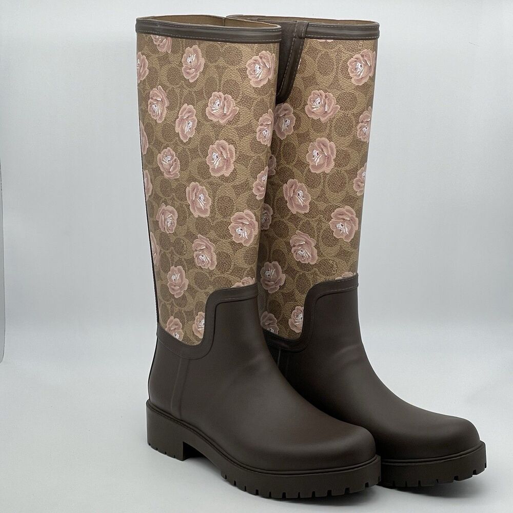 Coach Signature Rubber Rain Boots Tan Women’s 8B Dark Brown Floral Pink Coquette - Picture 14 of 16
